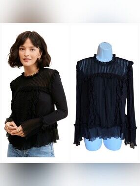 Anthropologie Ruffled Mesh Top Black Sz S Dark Victorian Romantic Whimsy Goth